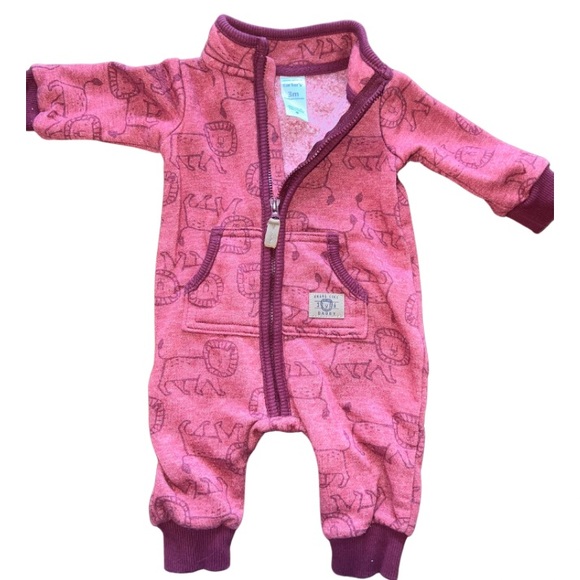 CARTERS LITTLE LION BABY FLEECE ROMPER with ZIP AND FRONT POCKETS  (0-3 months) - Picture 2 of 3